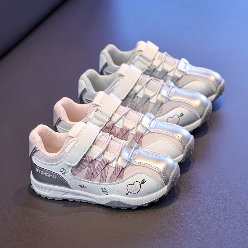 Kids'Casual Shoes PU Leather Fashion Cartoon Autumn Flat Shoes For Children Anti-slip Breathable Silver Pink Shoes Size 23-36