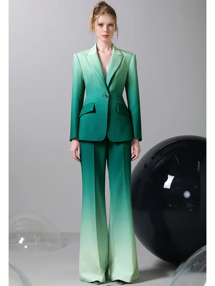 Women's High-End Gradient Business Suit  Spring/Autumn Elegant Texture Blazer Jacket High Waist Wide Leg Pants Two Piece Set