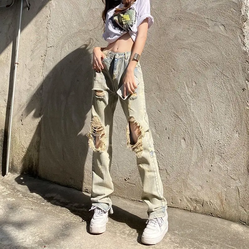 

Women's Flared Jeans Distressed High Waist Denim Pants Vintage Wide Leg Trousers Loose Casual Streetwear