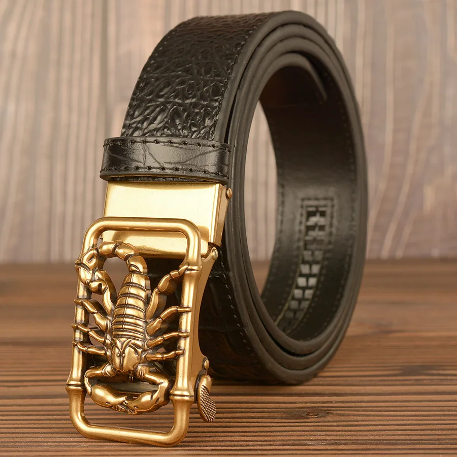 

Men's leather belt with crocodile pattern, light year belt, antique bronze scorpion automatic buckle belt