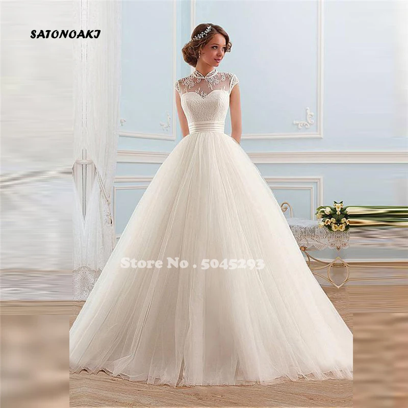 

Vestidos De Novia Simple Wedding Dresses A-Line Cap Sleeve High Neck Lace-up Sweep Train Princesa Bridal Gown Robe De Mariée