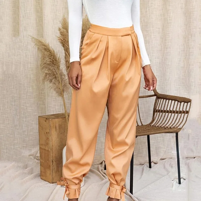 Women High Waist Fashion Casual Straight Pants 2024 Solid Color Belt Trousers Long Cargo Bunched Pant for Female Streetwear Pop