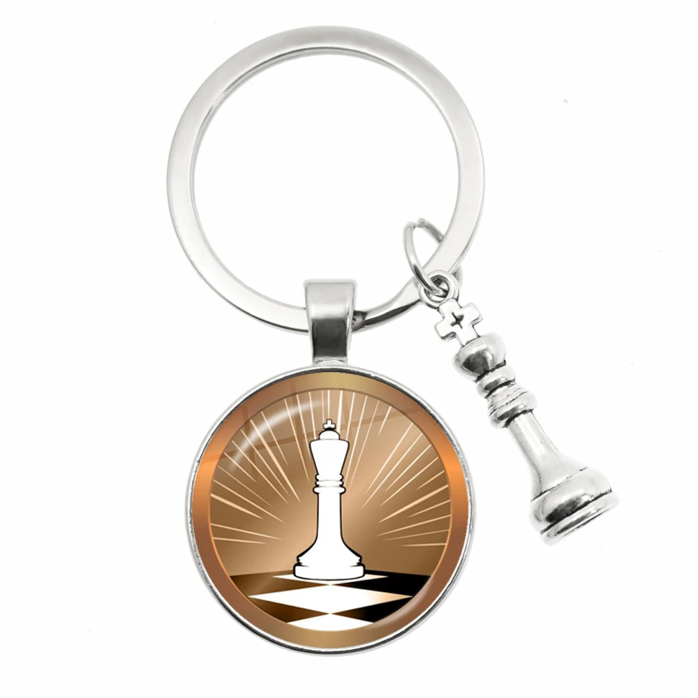 Fashion International Chess Keychains Checkerboard Chess Pieces Glass Dome Pendant Bag Car Key Chain Ring Chess Lovers Gift