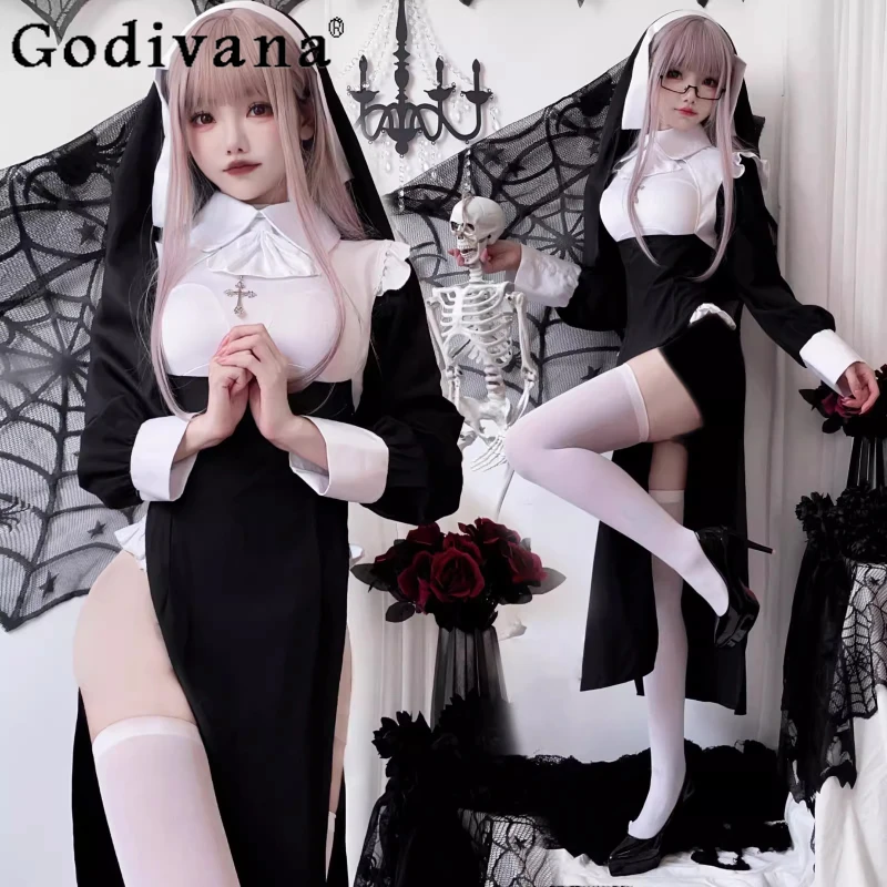 Disfraz de sirvienta de vampiro para mujer, disfraz de Halloween, Grim Reaper, conjunto de vestido de monja, disfraz de enfermera Sexy, trajes largos ajustados