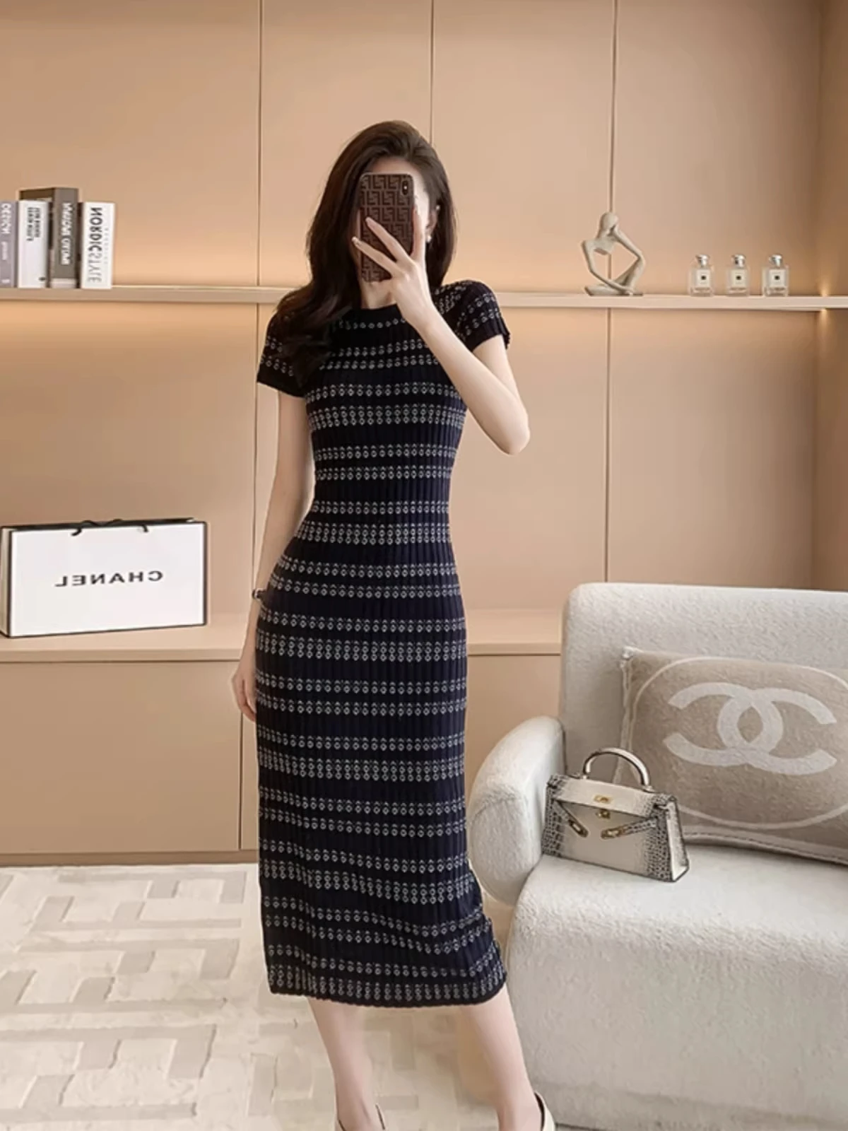 Summer Women's Knitted Slim Fit round Neck Striped Dress High Waist Polyester Blend Short Sleeve Casual H-Shape Skirt Dress