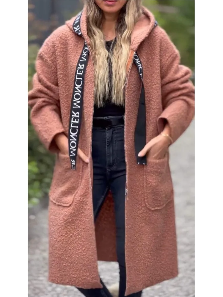 Women\'s Lambswool Hooded Coats Autumn Winter Pocket Zipper Longline Hoodie Daily Solid Casual Long Sleeve Cardigan Trench Coat