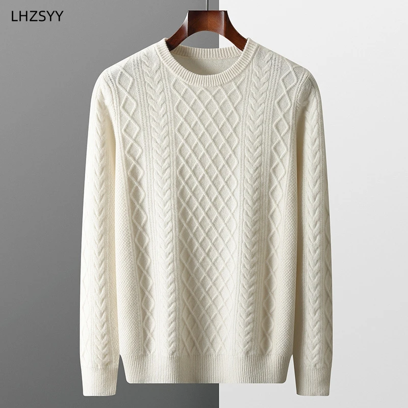 LHZSYY Pure Cashmere Sweater Men' Autumn/Winter New O-Neck Jumper Youth Thick Jacquard Base Shirt Loose Knit Tops Warm Pullovers