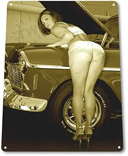 Work Heels Pinup Girl Sexy Hot Rod Car Garage Shop Man Cave Decor Metal Tin SignFunny Tin Sign Metal Sign Metal Decor