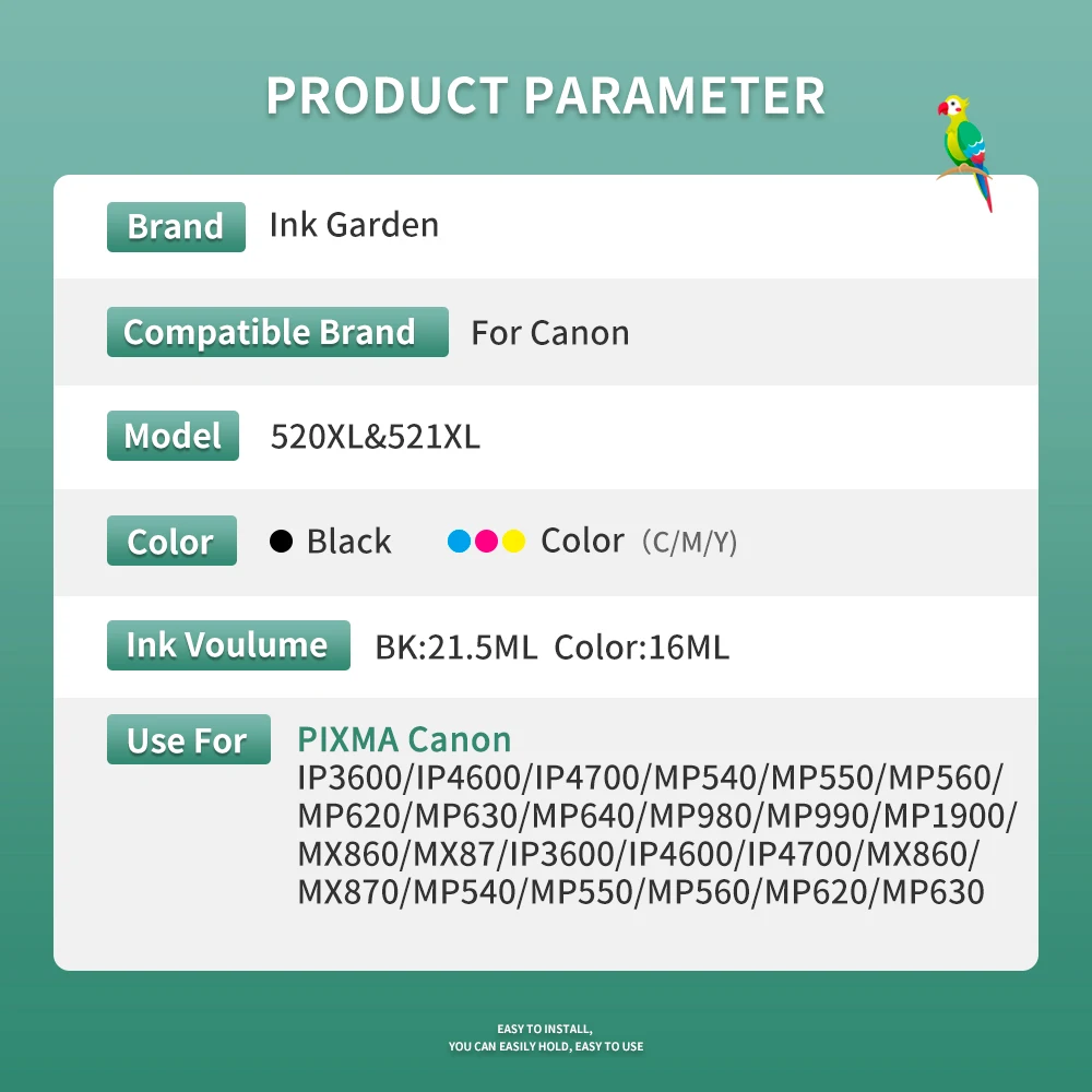 InkGarden 520XL Ink Cartridge For Canon 520 521 XL Compatible PIXMA iP3600 4600 4700 MP 540 550 560 620 630 980 MX860 Printer