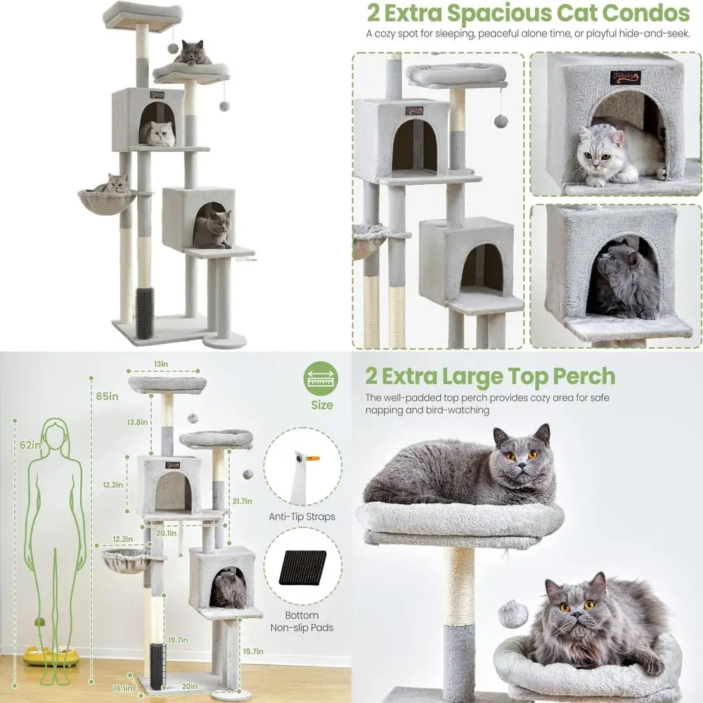 

Extra Tall 65 Indoor Cat Tree with Scratching Post, Hammock, and Perch - Large Multi-Level Cat Condo