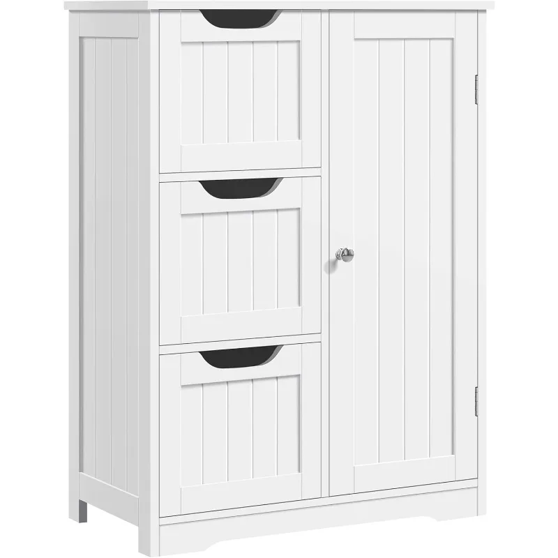 

Bathroom Floor Storage Cabinet, Bathroom Freestanding Cabinet with 3 Large Drawers & Adjustable Shelf, White