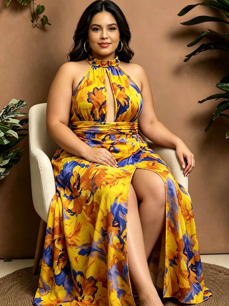 Plus-Size Damenkleid mit Print, schulterfrei, ärmellos, mit plissierter Taille und Schlitz, langes Kleid für Sommer-Strandpartys – Detail 2