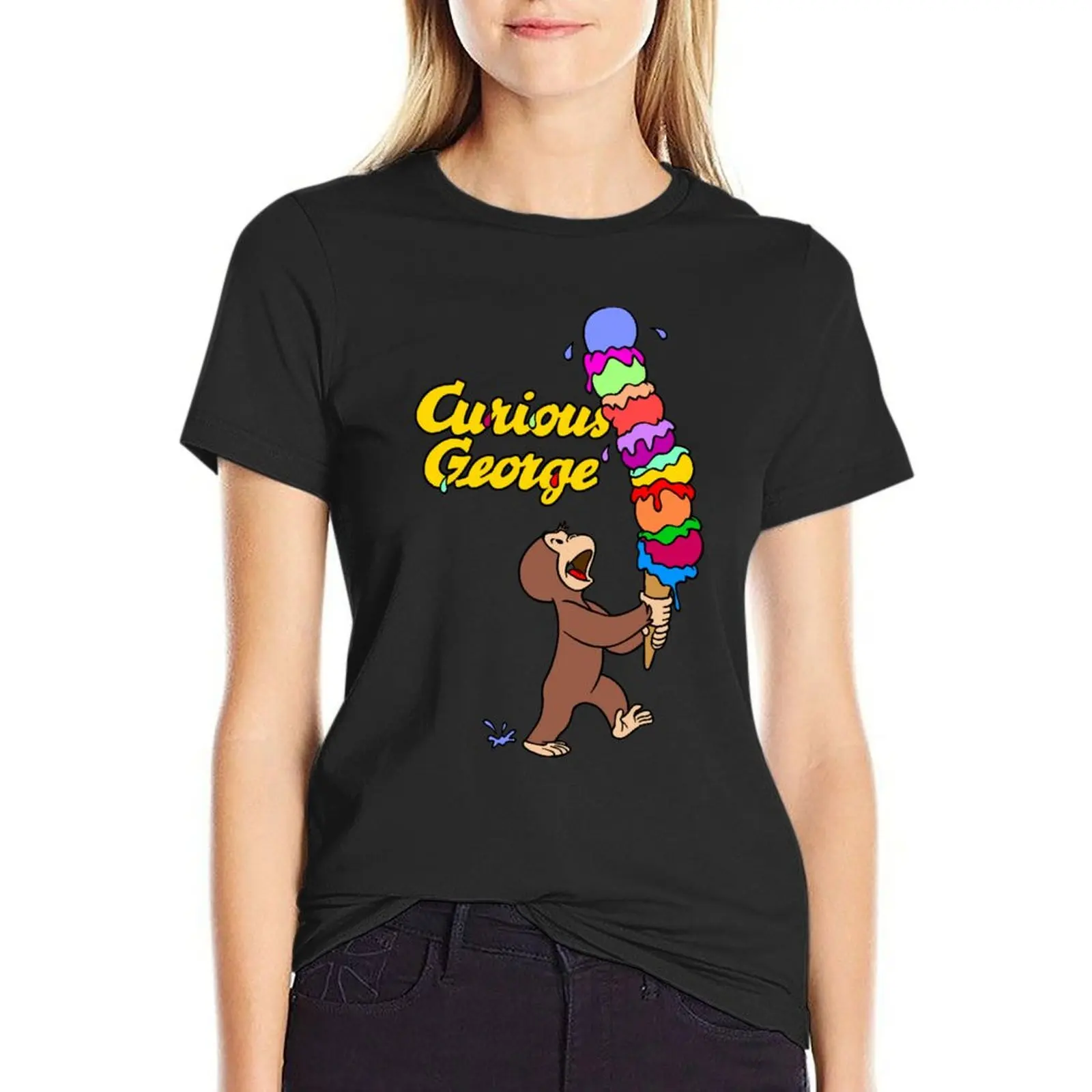 Curious George Has An Ice Cream Treat T-Shirt summer top plus size tops tops graphic t-shirts for Women