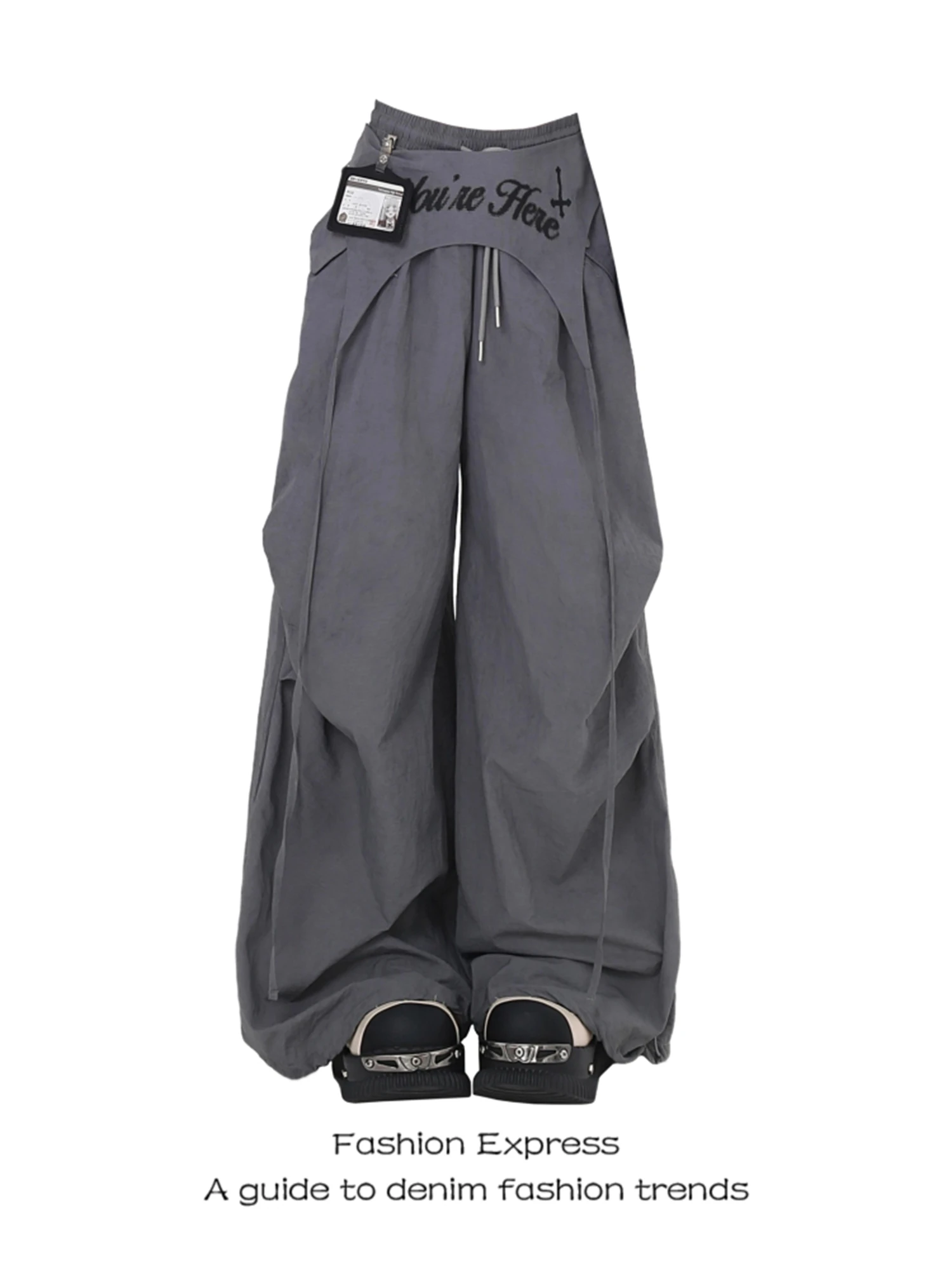

Y2K Women's High Waist Oversized Wide Leg Pants Gray Streetwear Drawstring Ruched Letter Embroidery Casual Trousers
