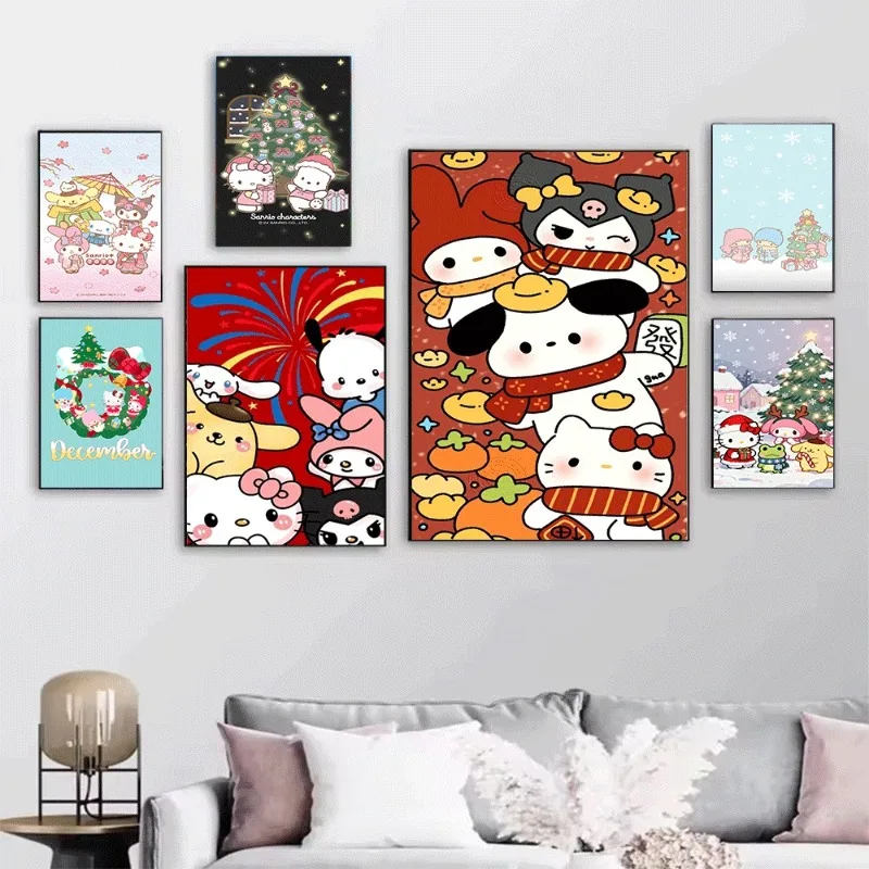 Sanrio Pochacco Winter Christmas Stack Cute Cartoon Canvas Wall Art Unframed Canvas Poster Print for Kids Bedroom Nursery