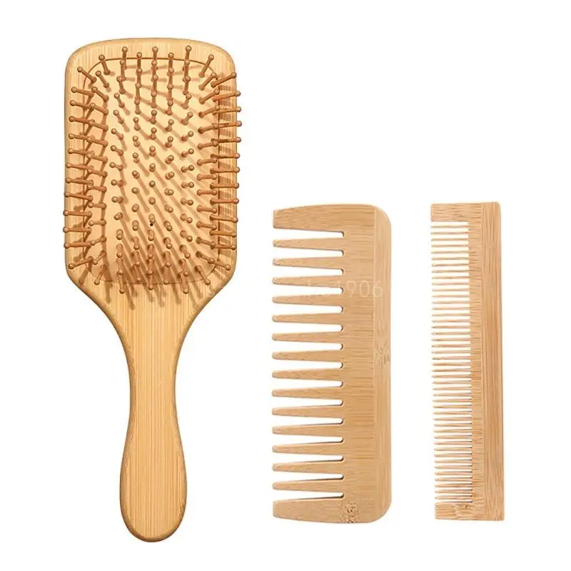 

3pcsBamboo Paddle Hair Brush and Comb Set for Detangling and Scalp Massage Friendly Hair Care for Hair Types