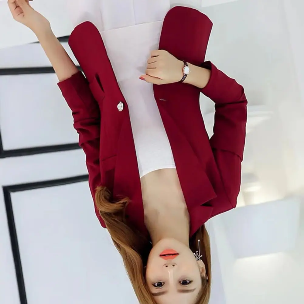 Lapel Long Sleeves Flap Pockets Women Blazer Spring Autumn Solid Color Single Button Slim Suit Coat