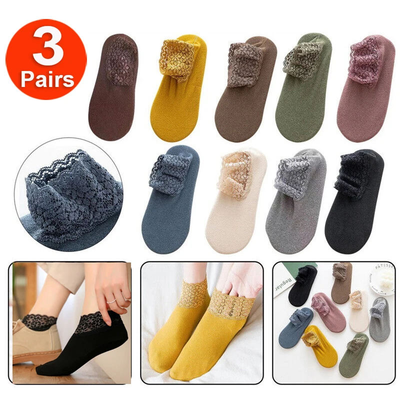 3 PACK Women Lace Warmer Ankle Socks Ladies Cute Short Socks Anti-slip Floor Socks Winter