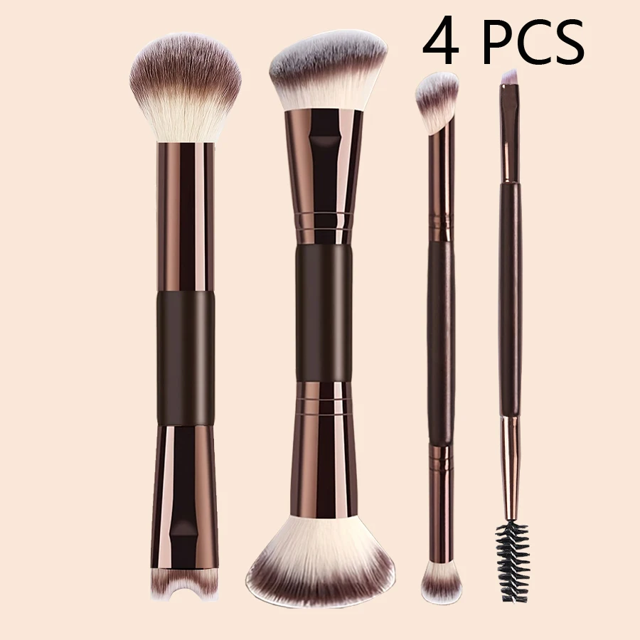 4 PCS Double-Ended Makeup Brush Set for Foundation, Powder, Eyeshadow, Blush , Nose Shadow, Eyeliner Brush, Eyelash Curler