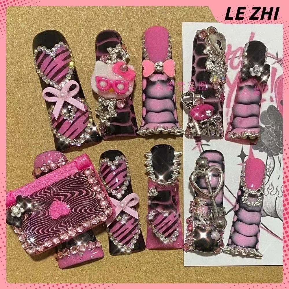 

Y2K Spice Girl Long Duck Feet Press on Fake Nails Punk Pink Metal Rivet Luxury Handmade Glisten Fake Nails Tips Woman Party Gift