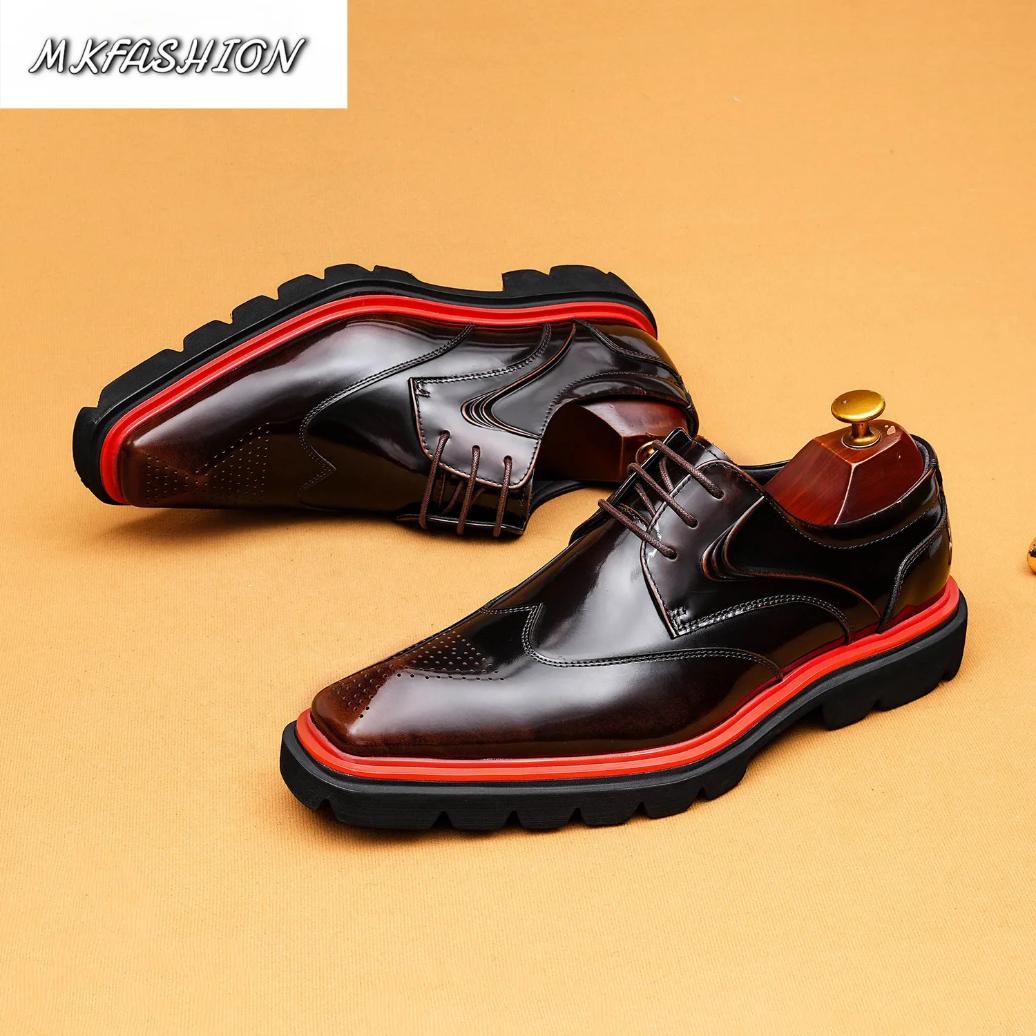 Men's Business Formal Blok Carved Shoes Square Toe Lace Up Flats Wedding Shoes Male Footwear