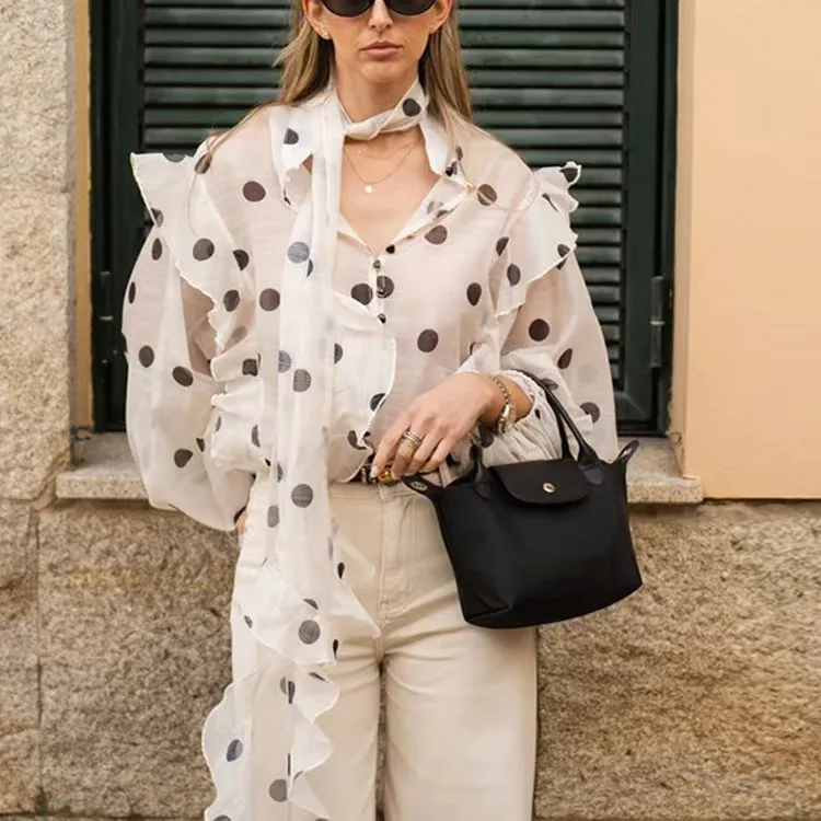 

Polka Dot Print Stand Collar Bubble Sleeve Shirt Women's Loose Fit Breathable Long Sleeve Polyester Wind Lotus Leaf Top