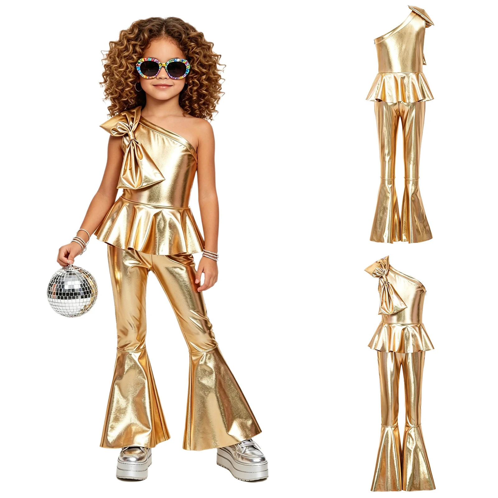 Trajes de Baile Jazz Disco Hippie para Niñas, Pantalones Metálicos Acampanados, Mono con Decoración de Lazo, Romper con Volantes, Disfraz para Actuaciones en Escenario