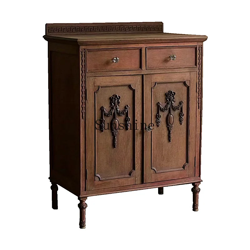 

American retro solid wood large-capacity multi-functional storage carved door porch locker