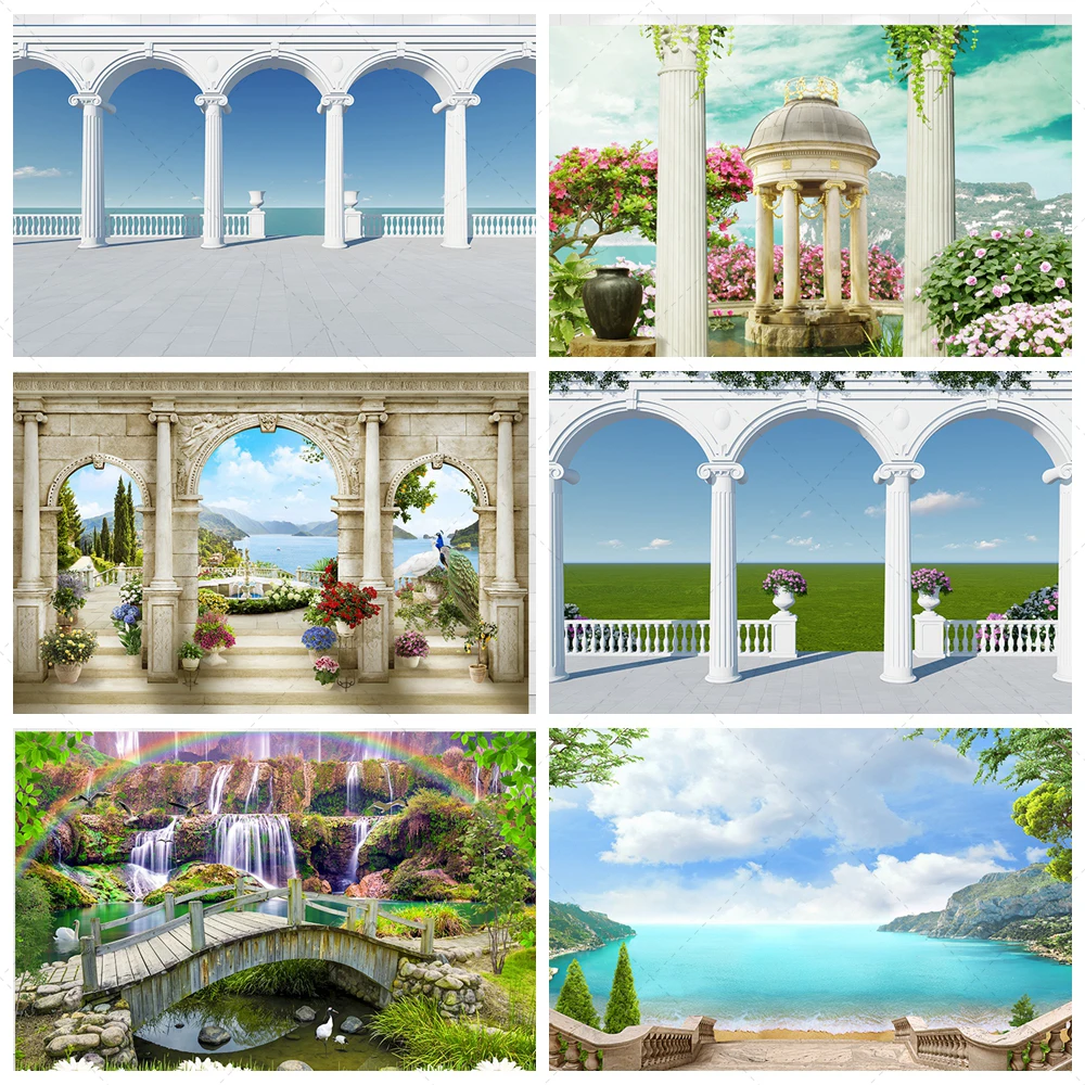 

European Balcony Columns Sea View Themed Photography Event Decoration Hanging Cloth Ancient Roman Style Background Cloth Poster