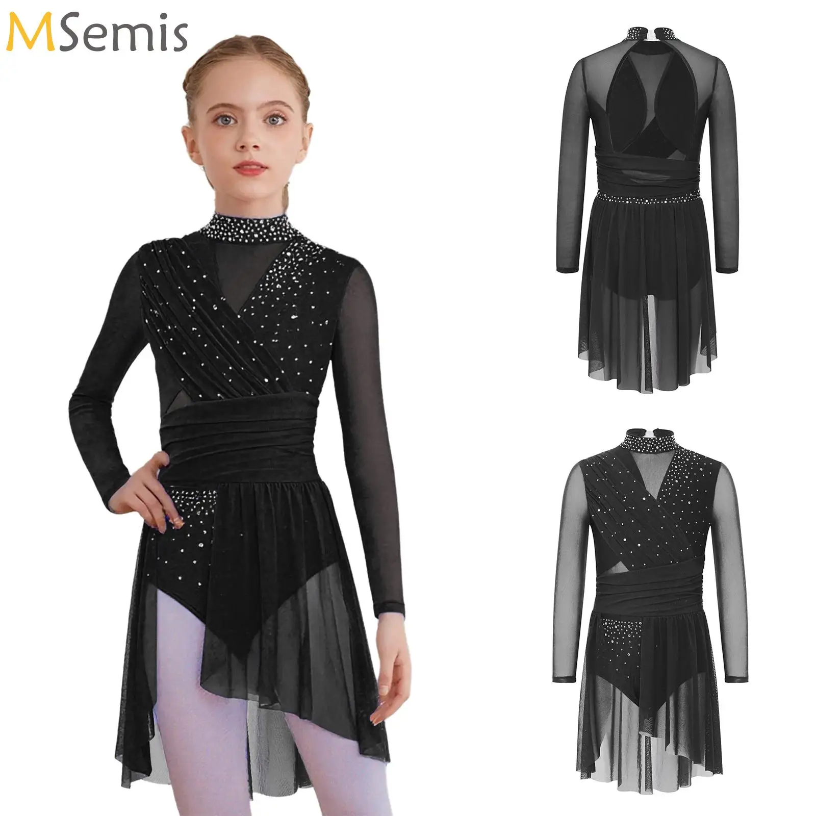 

Child Rhinestone Lyrical Dance Dress Girls Kid Long Sleeve Ruched One Piece Leotard Dress Contemporary Dance Performance Costume