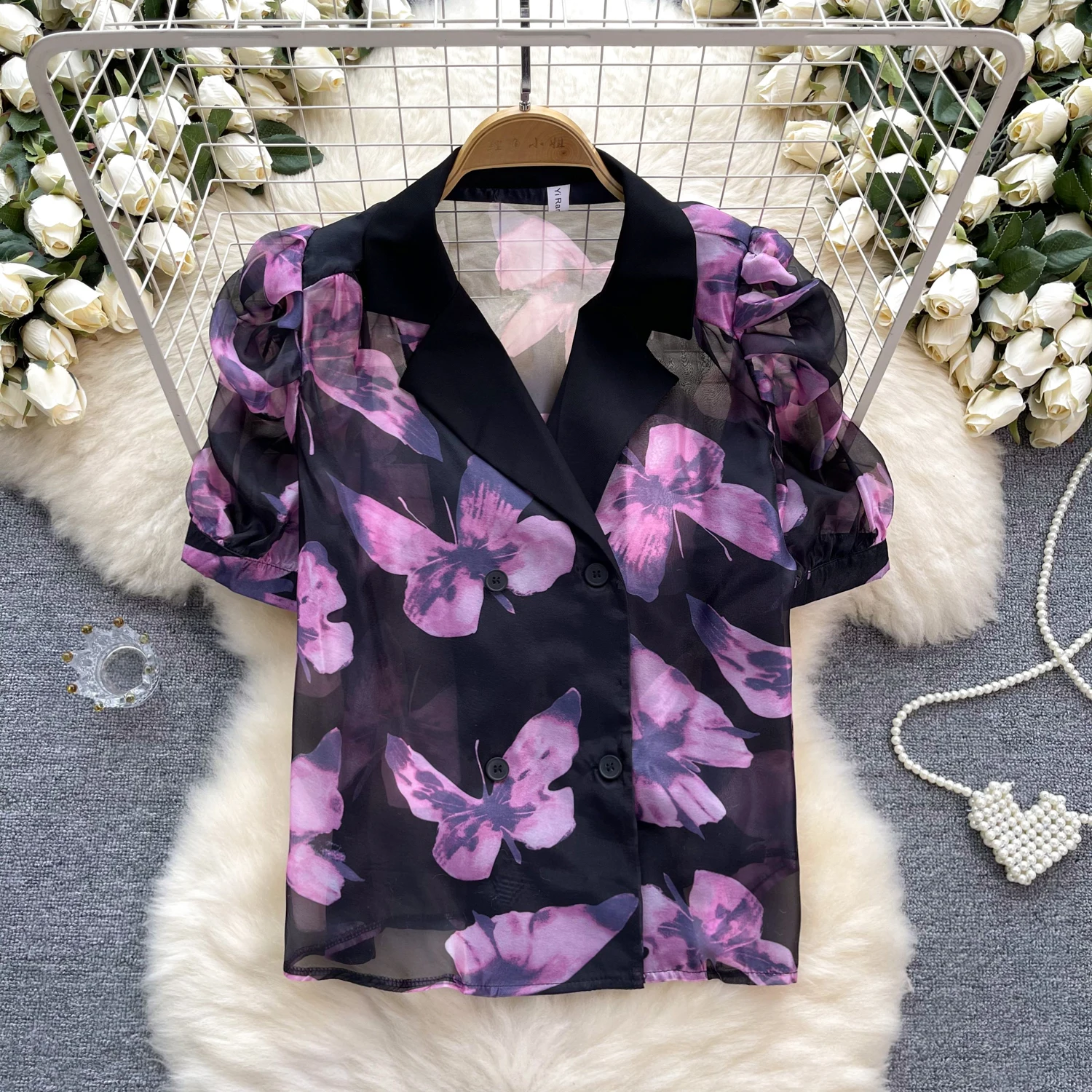 

French Vintage bow pleated Puff Sleeve Notched Blouse Fashion Chic Top Fairy Spring Summer Beach Women chiffon print Shirt