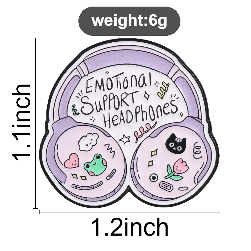 Emotional Support Headphones Badge Cute Purple Headset Enamel Pins Cartoon Frog Cat Floral Brooch Accessories Decor Gift