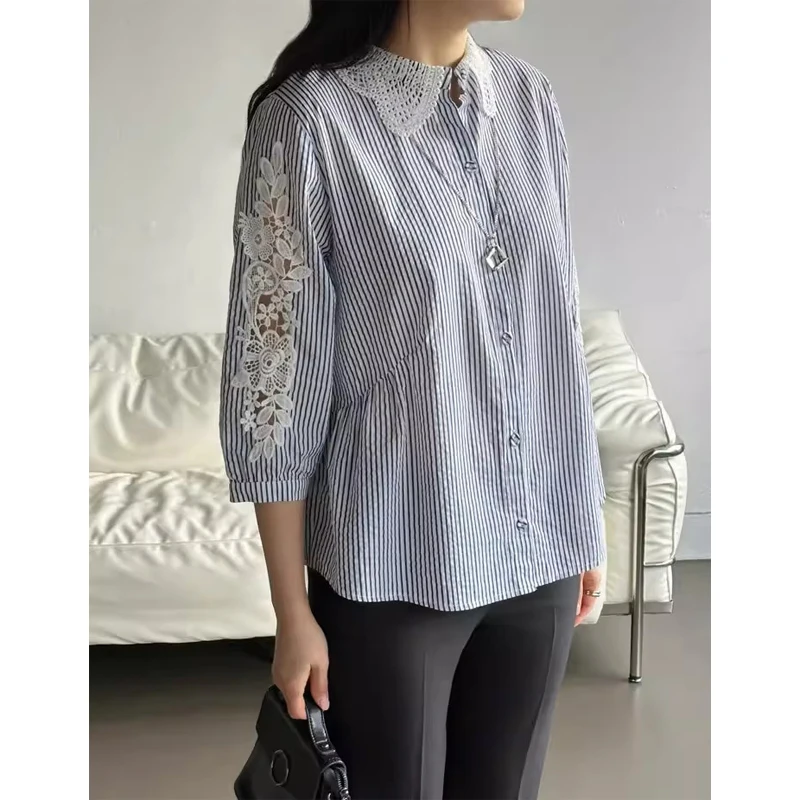 

Korean Style Embroidered Lace Hollow out Doll Collar Shirt Women's Loose Fit Summer New Style Breathable Seven Sleeve Shirt