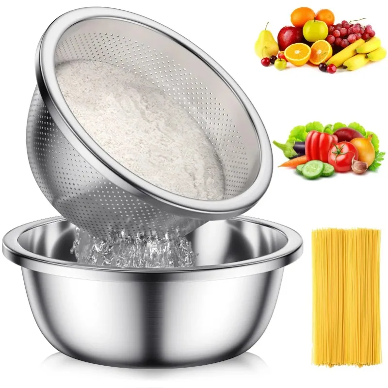 304 Stainless-Steel Colander with Mixing Bowl 2Pcs Strainer Set for Washing & Draining Rice Fruit Vegetables Noodle Cooked Pasta