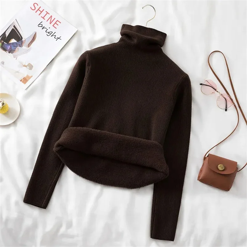 New Winter Warm Velvet Turtleneck Sweaters Women Korean Casual Snow Wear Slim Sweater Thicken Solid Elastic Knitted Pullover Top