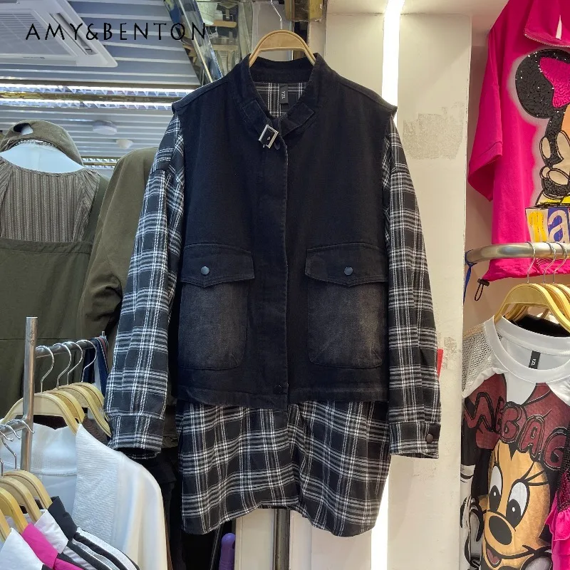 

Ladies Loose Big Pocket Shirt Autumn 2025 New Striped Unique Design Fake 2-Pieces Top Long Sleeves Kawaii Blouse Jacket Ladies