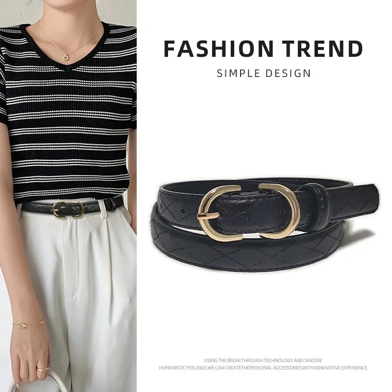 

Genuine Leather Women's Fashionable Slim Diamond Grid Belt Women's Korean Versatile Jeans Slim Pants Belt