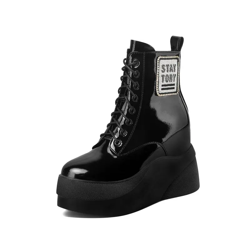 

2025 New Women Boots Mirror surface Genuine Leather Platform Ankle Chelsea Boots Autumn Shoes