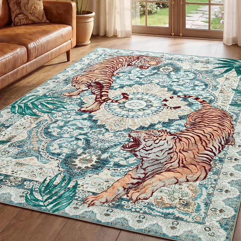 Living Room Carpet Non-slip Machine Washable Soft Comfortable Faux Cashmere Washed Floor Mat Retro Bohemian Tiger Pattern Rug