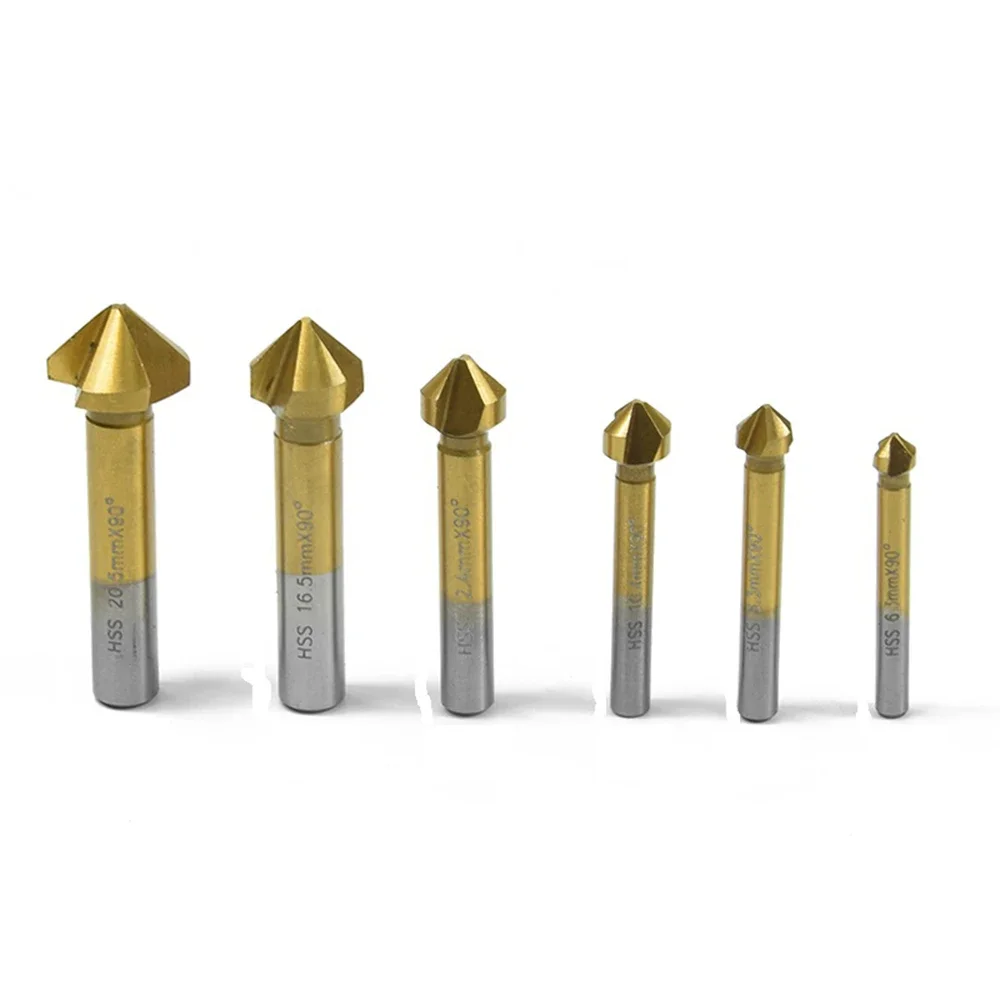 6pcs 6.3-20.5mm 3 Flute Bevel Drill Set 90 Degree Hss  Cutter  Countersink Bit