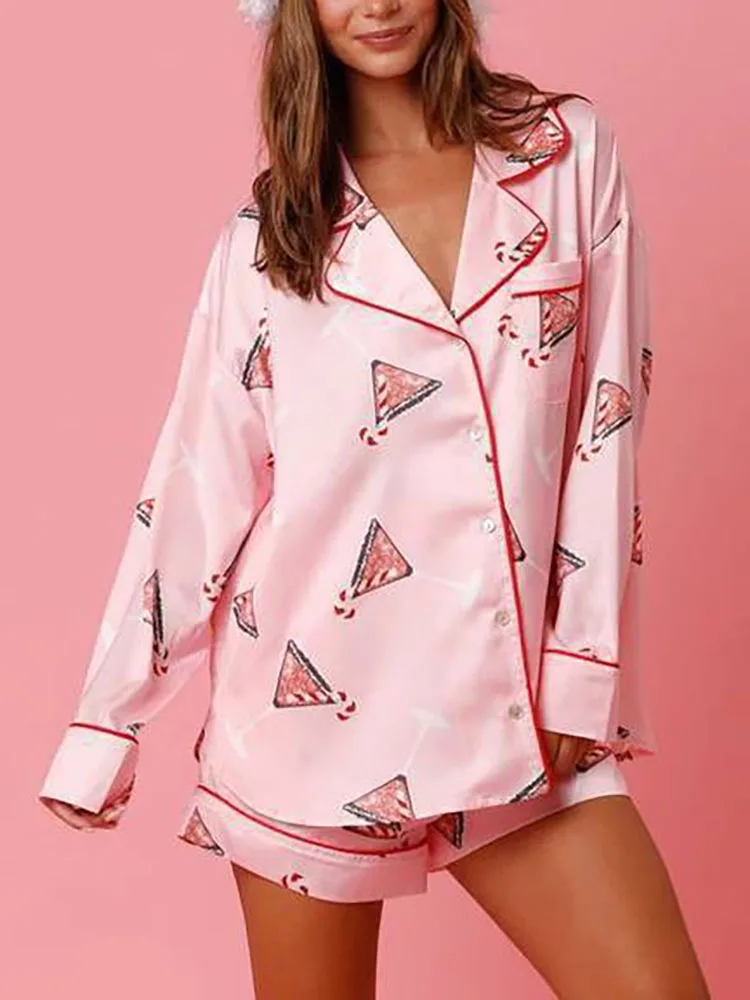 New Women Lapel Pajamas Satin Printed Santa Claus Two-piece Set Home Clothes Pajamas Women's Thin Long Sleeved Shorts Home Wear