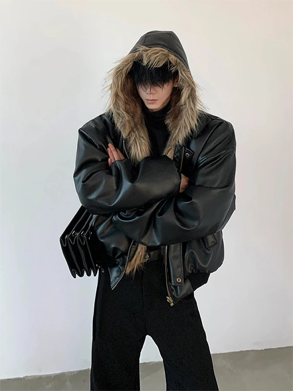 

ex ort Cotton Jaet Fur Leather Inteated Hooded Coat Thiened Long Sve Stand Fit Cleanfit Zipper Closure Pure...