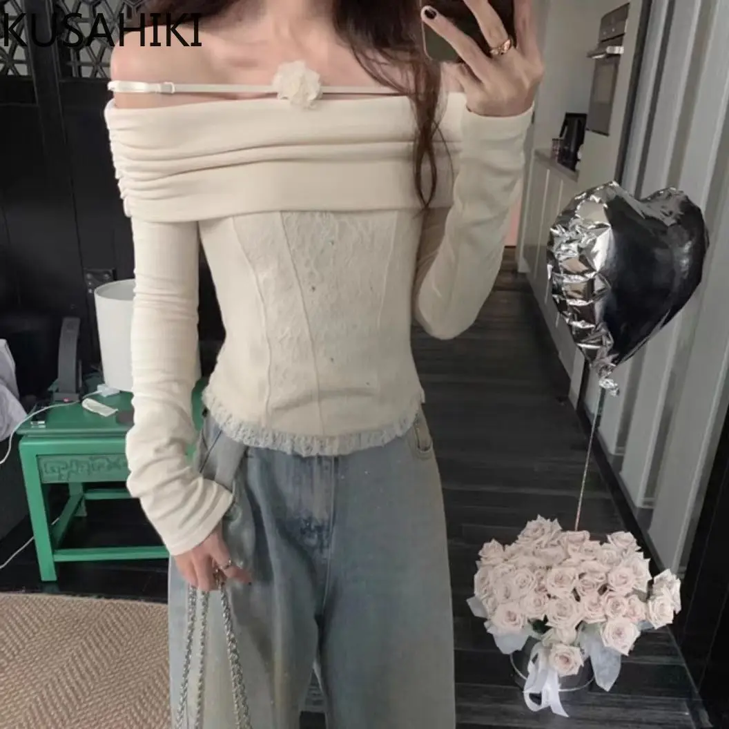 KUSAHIKI Off Shoulder Spliced Lace Top for Women Long Sleeves Slimming French Korean Sexy Strapless Y2k Top