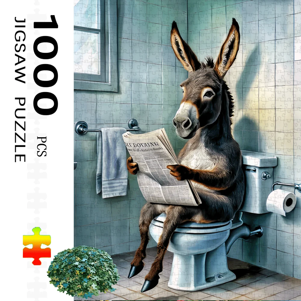 1000pcs Donkey on Toilet Reading Newspaper Puzzle - Funny Bathroom Scene Jigsaw for Adults & Families, Vibrant Colors, Challen