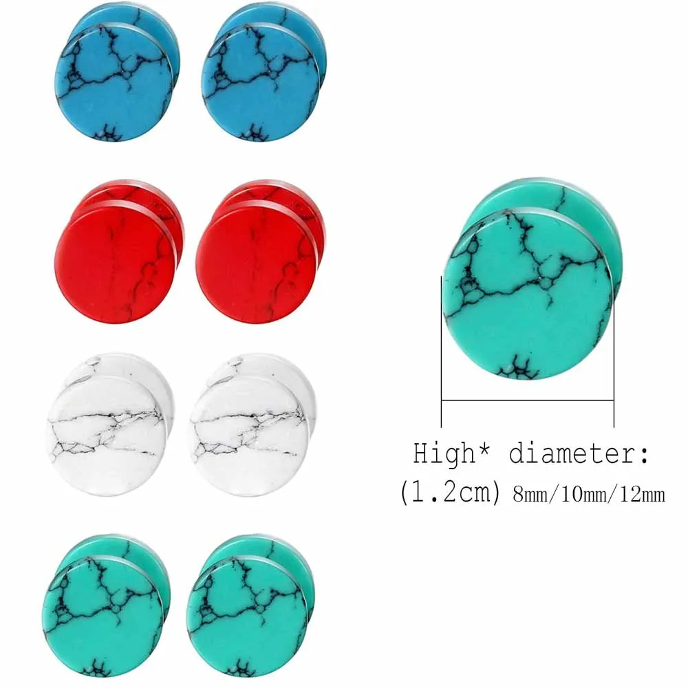 4 Pairs Unisex Marble Stone Screw Stud Earrings Set Ear Piercing Plugs Faux Gauges Illusion Tunnel Earrings