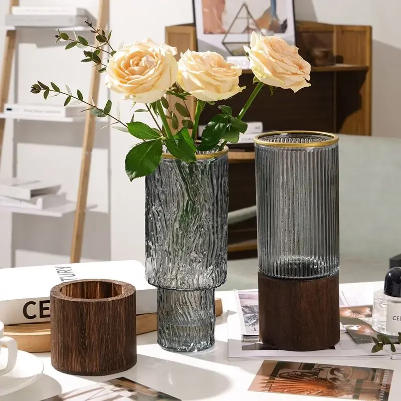 Creative Transparent Glass Vase With Wood Base, Water-grown Flower Arrangement, Home Living Room, Dining Table, Decorations, 1Pc