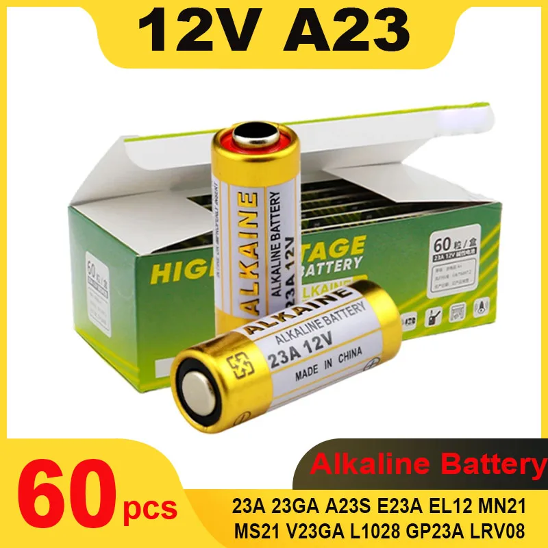 60PCS 12V A23 Alkaline Battery 23A 23GA A23S E23A EL12 MN21 MS21 V23GA L1028 GP23A LRV08 Dry Cell for Remote Control Doorbell