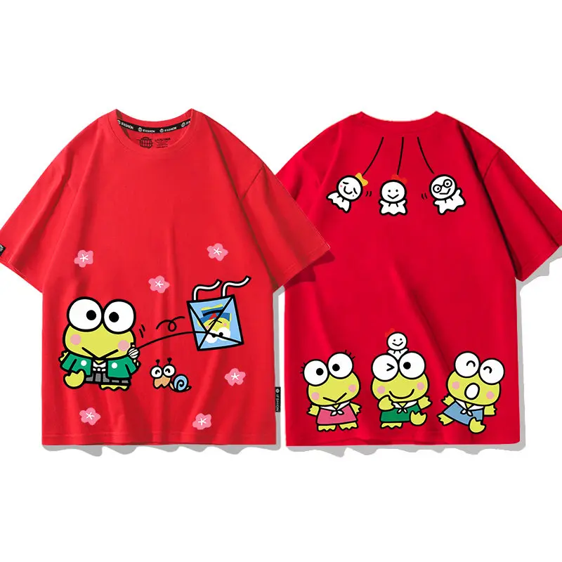 

Детская футболка из чистого хлопка с двусторонним принтом Sanrio Big Eyed Frog, мягкая и милая, для мужчин и женщин, комплект для родителей и детей