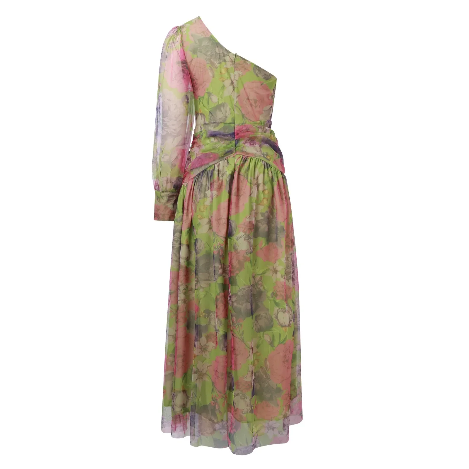 Frauen Abendkleid eine Schulter doppels chichtige Tie-Dye Blumen druck Rose Dekor Mesh Blase Ärmel boden lange geteilte Saum Ball