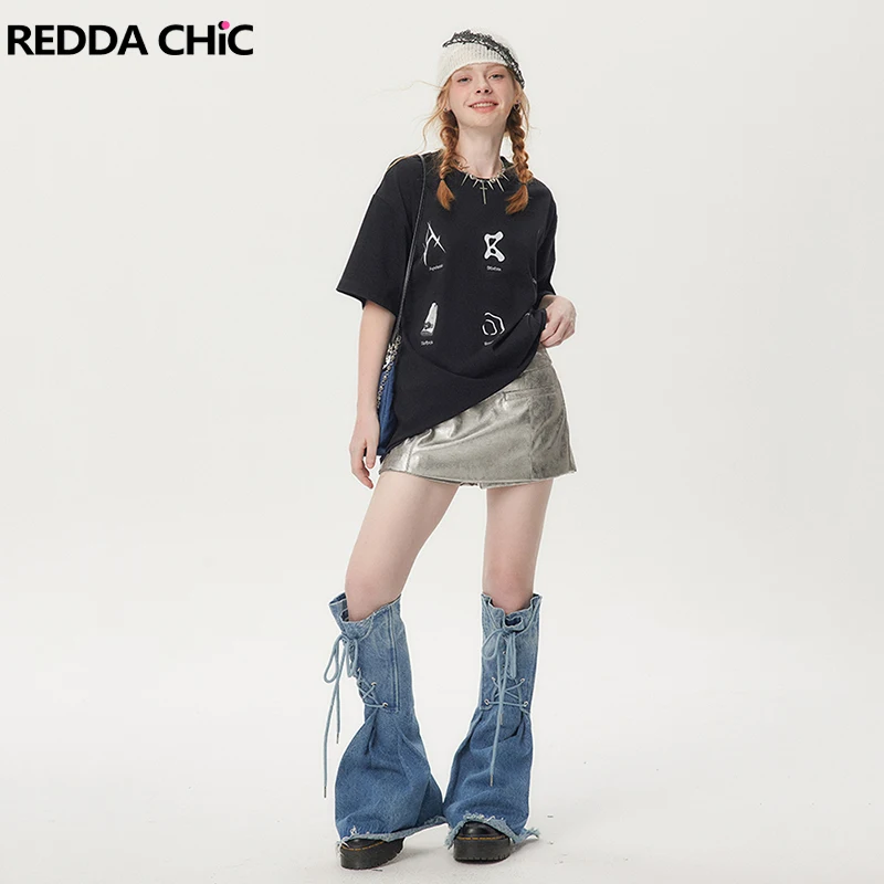 

Женские гетры на шнуровке ReddaChic Cowgirl, градиентные джинсовые сапоги с эффектом омбре, Обложка в стиле панк с необработанными краями, длинные носки, одежда для гранжа Y2k